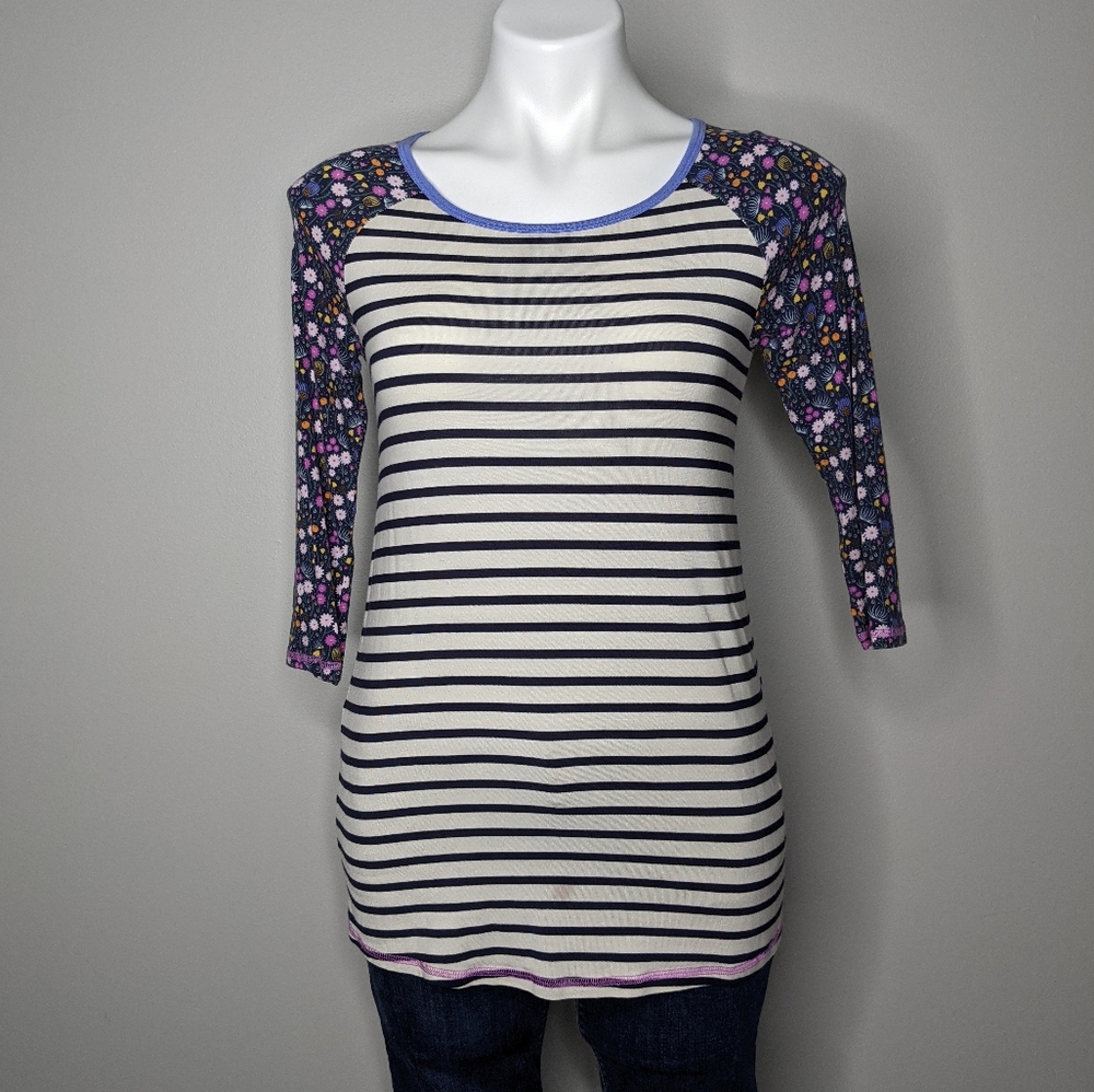 Matilda Jane blue white pink floral striped baseball t-shirt S